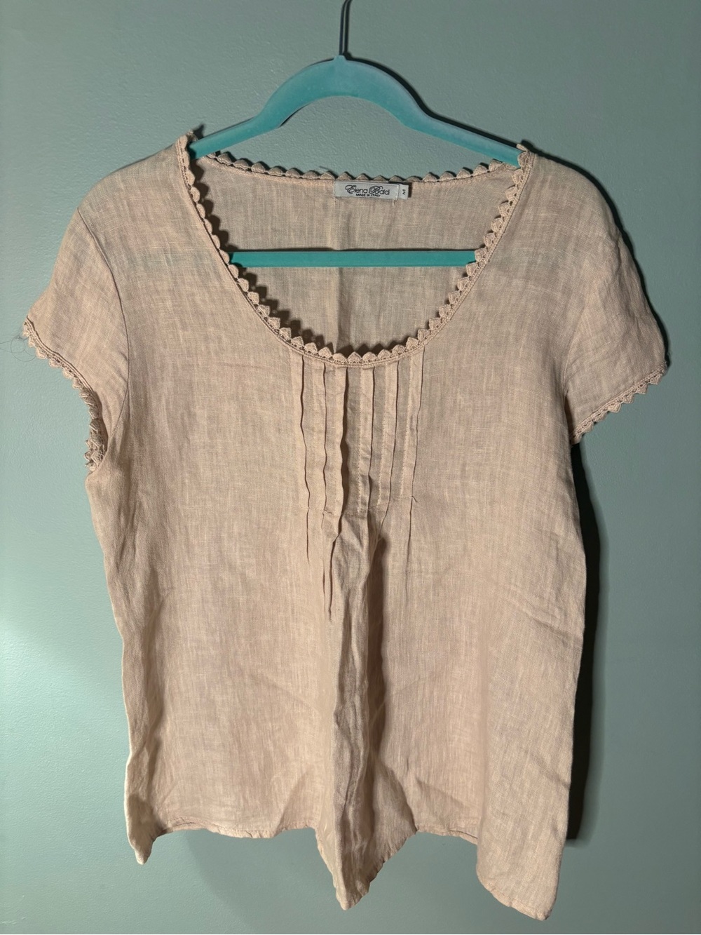 Elena Baldi 100% Linen Blouse Pink Pintuck Crochet Trim Scoop Neck Size M Italy